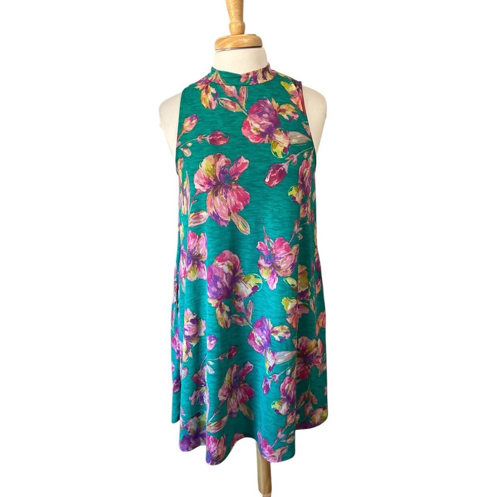 Peach Love California Turquoise Pink Floral Pocket Tunic Mini Dress Women's S
